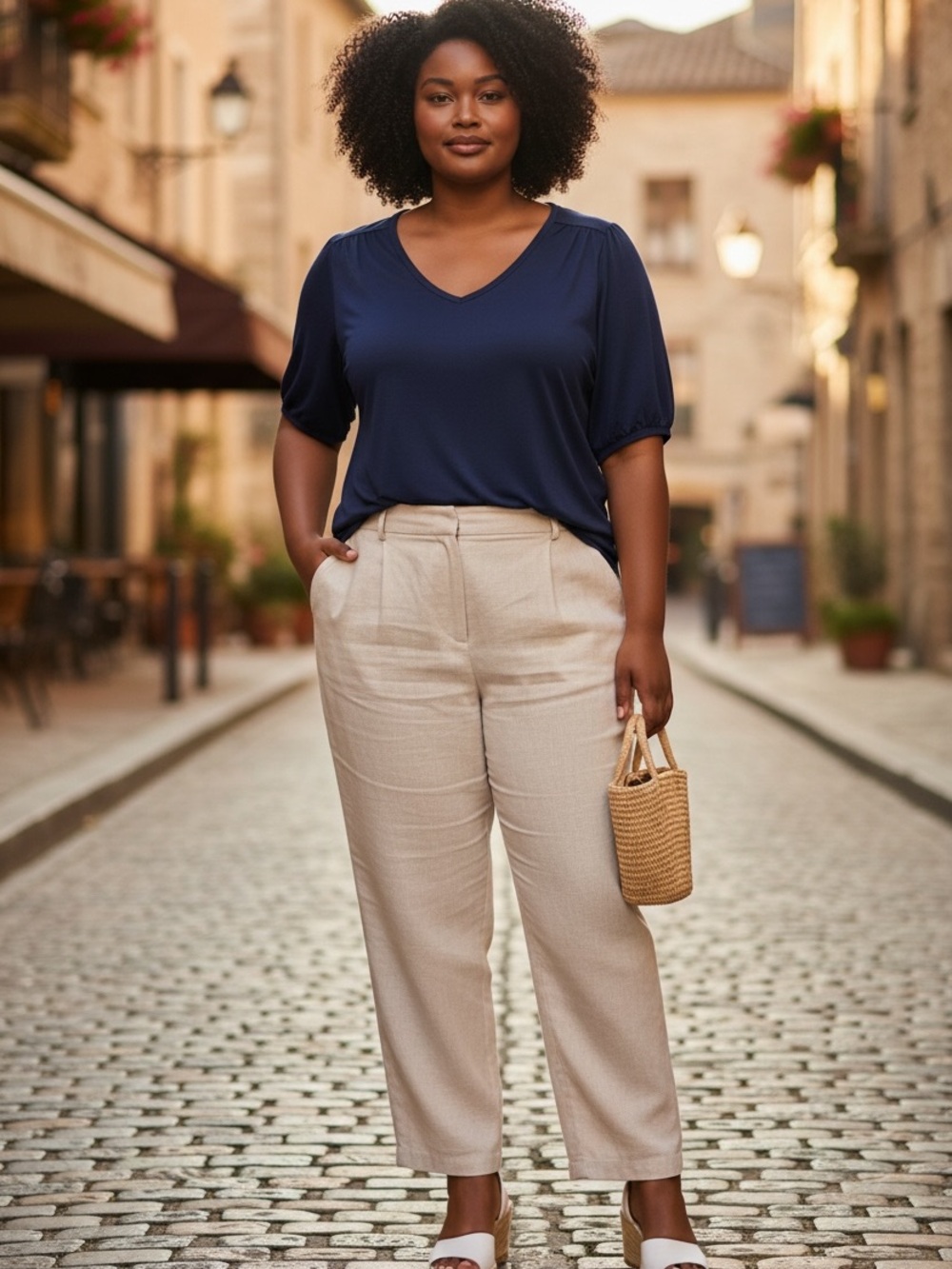 Terra & Sky Navy V-Neck Short Sleeve Blouse